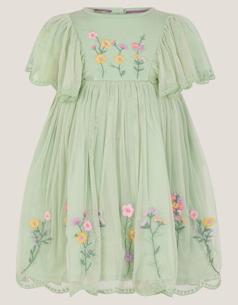 Baby Floral Embroidered Tulle Dress, Green (GREEN), large