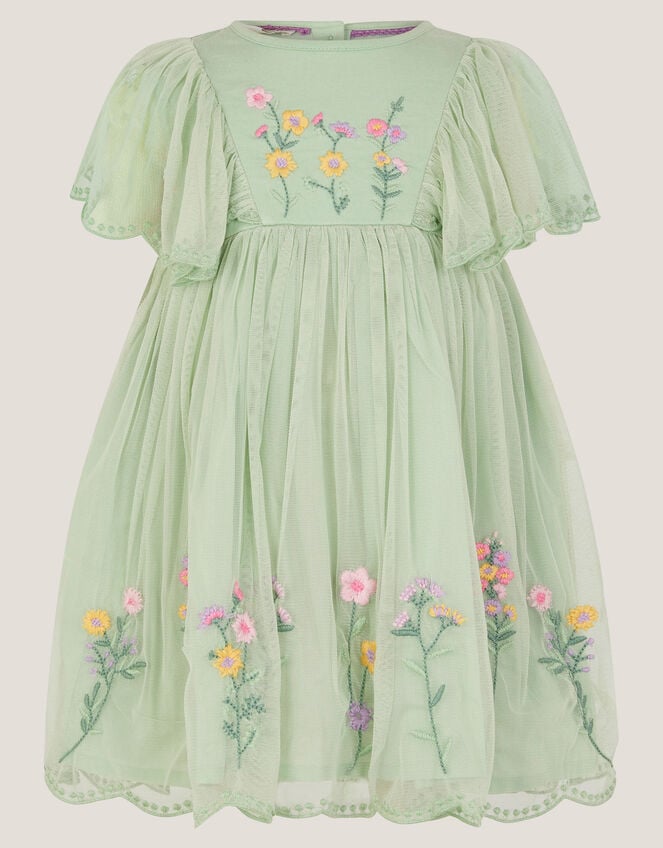 Baby Floral Embroidered Tulle Dress, Green (GREEN), large