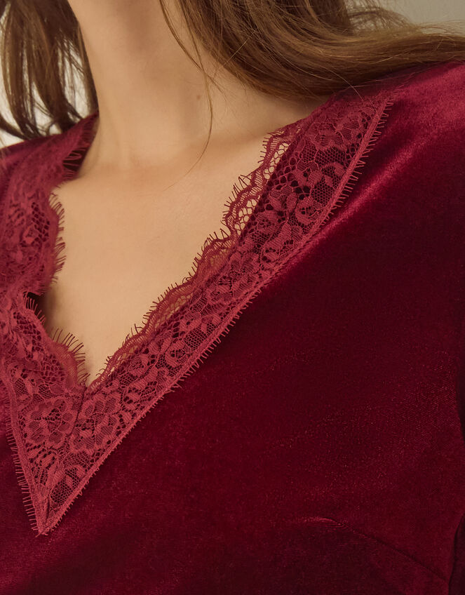 Lexi Lace Trim Velvet Top, Red (BURGUNDY), large