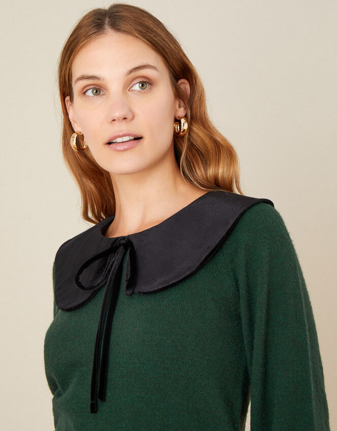 Velvet Tie Collar Knit Jumper, Green (GREEN), large