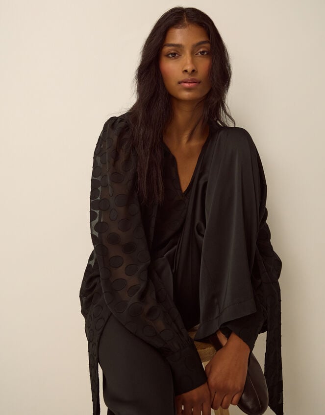 Sylvia Sheer Polka Dot Pussybow Blouse, Black (BLACK), large