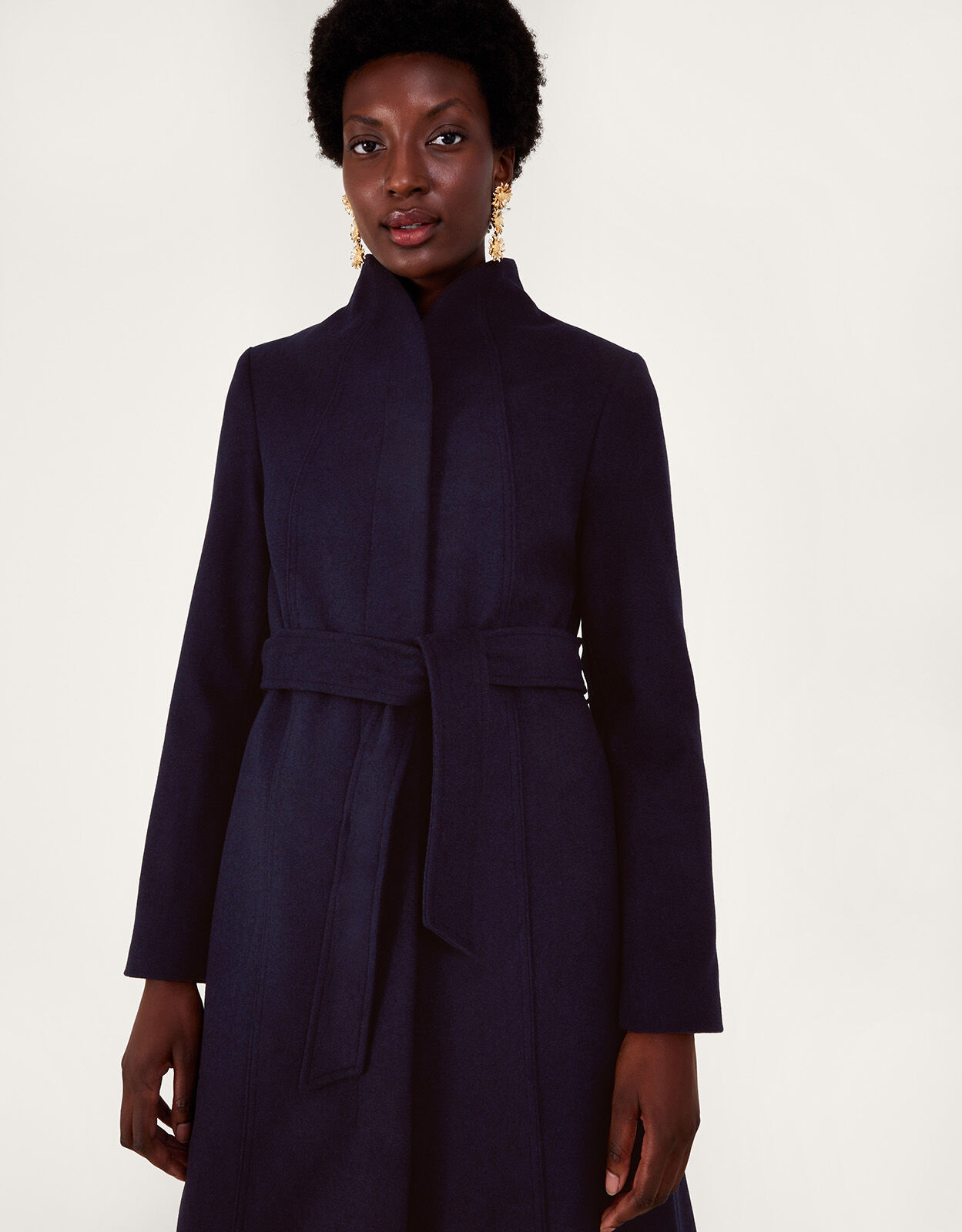 Blue belted wool coat store