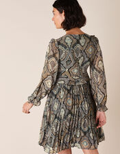 Geometric Print Pleated Dress, Grey (GREY), large