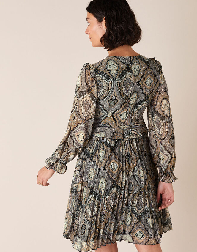 Geometric Print Pleated Dress, Grey (GREY), large