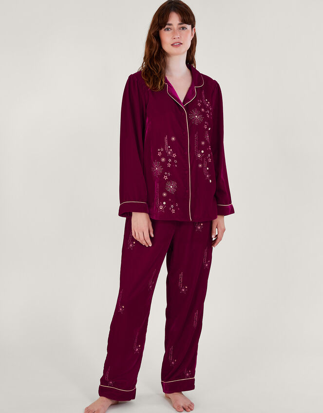 Val Velvet Embroidered Pyjamas, Red (RED), large