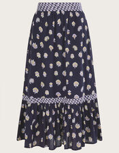 Floral Print Midi Skirt, Blue (NAVY), large