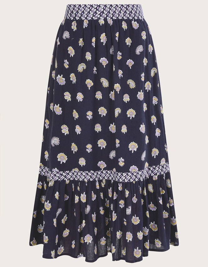 Floral Print Midi Skirt, Blue (NAVY), large