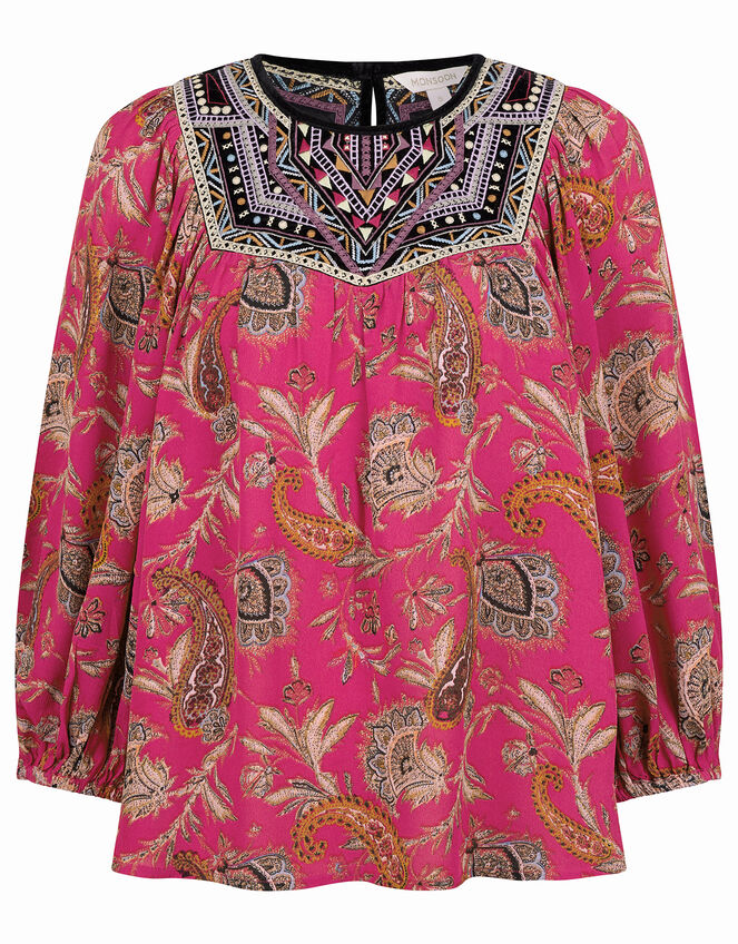 Paisley Print Embroidered Top in Sustainable Viscose, Pink (PINK), large