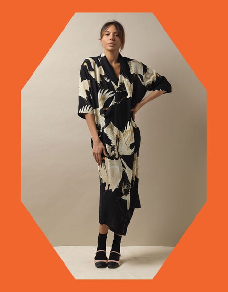 One Hundred Stars Stork Print Dress, Black (BLACK), large