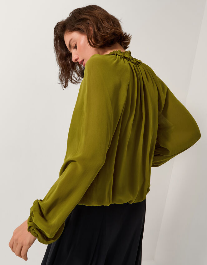 Ellie Frill Neck Wrap Blouse, Green (KHAKI), large