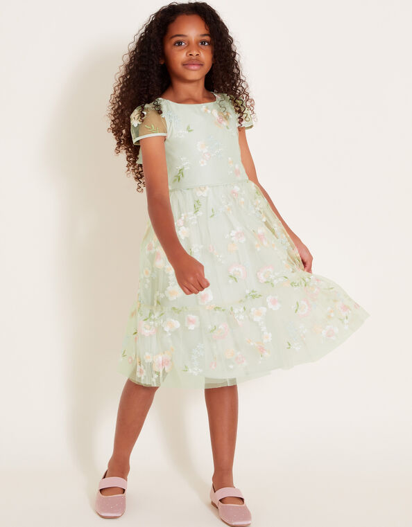 Magdalena Floral Embroidered Tulle Dress, Green (SAGE), large