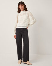 Leni High Neck Embroidered Mesh Blouse, Ivory (IVORY), large