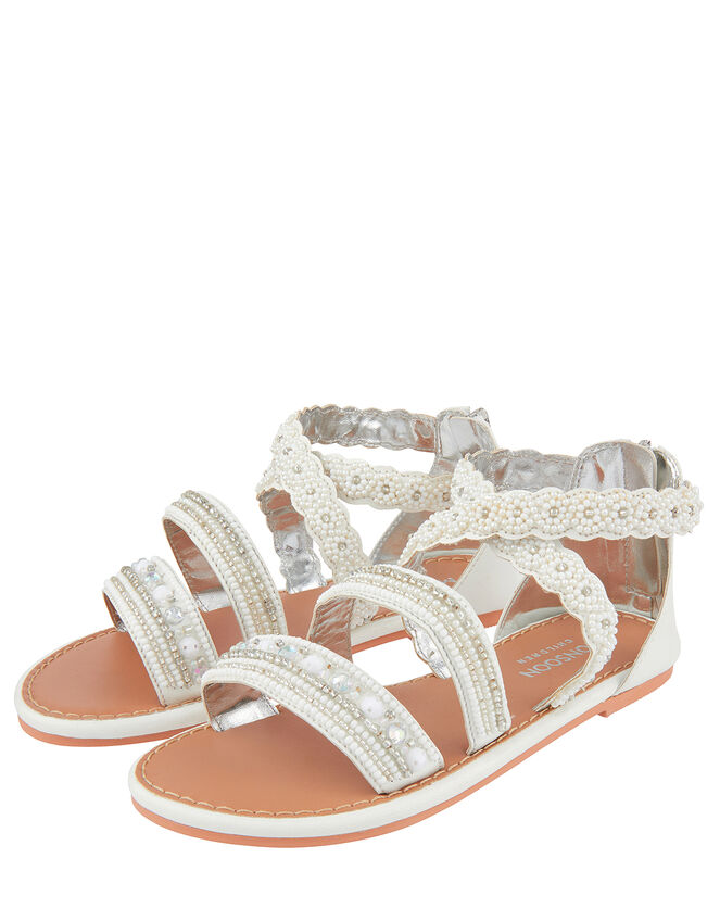 Sicily Pearl Bead Sandals, White (WHITE), large