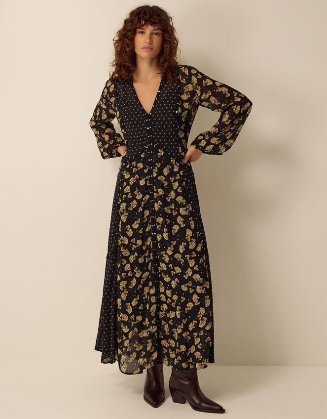 Clemence Amelie Long Sleeve Contrast Print Midi Dress, Black (BLACK), large