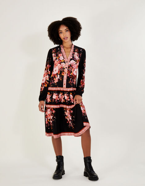 Floral Placement Print Jersey Dress Black, Black (BLACK), large