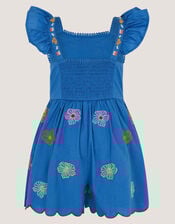 Floral Embroidered Scallop Trim Playsuit, Blue (BLUE), large