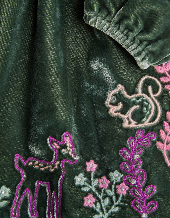 Baby Woodland Embroidered Velour Dress, Green (GREEN), large