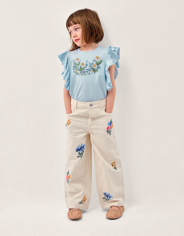 Sequin Floral Embroidered Wide Leg Jeans, Ivory (IVORY), large