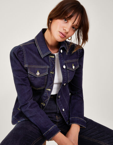 Dora Puff Sleeve Denim Jacket with Sustainable Cotton Blue, Blue (INDIGO), large