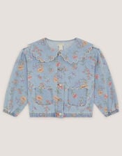 Floral Scallop Collar Denim Jacket, Blue (BLUE), large