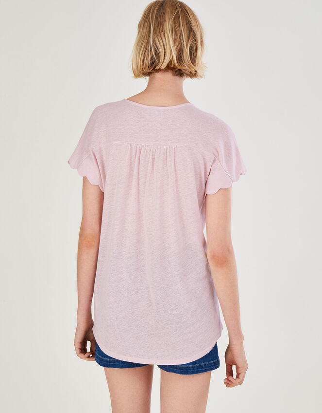Scallop Detail Jersey T-Shirt in Linen Blend, Pink (BLUSH), large