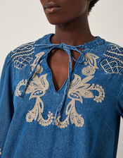 Holly Embroidered Denim Mini Dress, Blue (DENIM BLUE), large