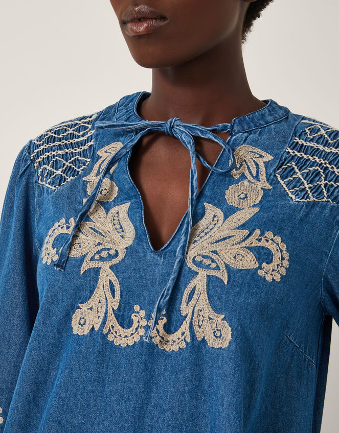 Holly Embroidered Denim Mini Dress, Blue (DENIM BLUE), large