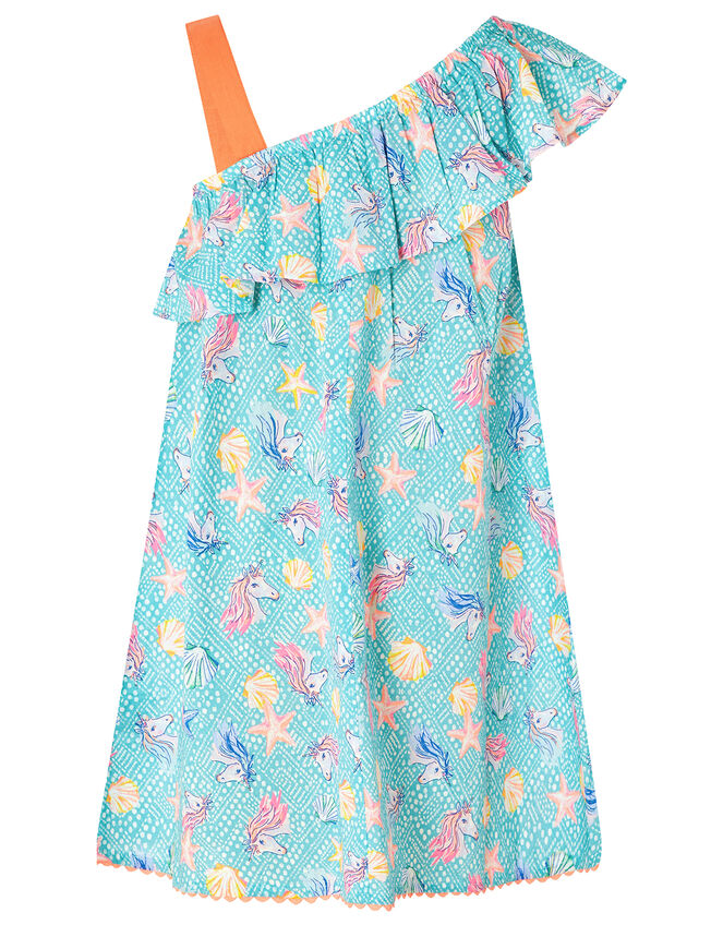 Laverna Unicorn Print Dress in Organic Cotton, Blue (TURQUOISE), large