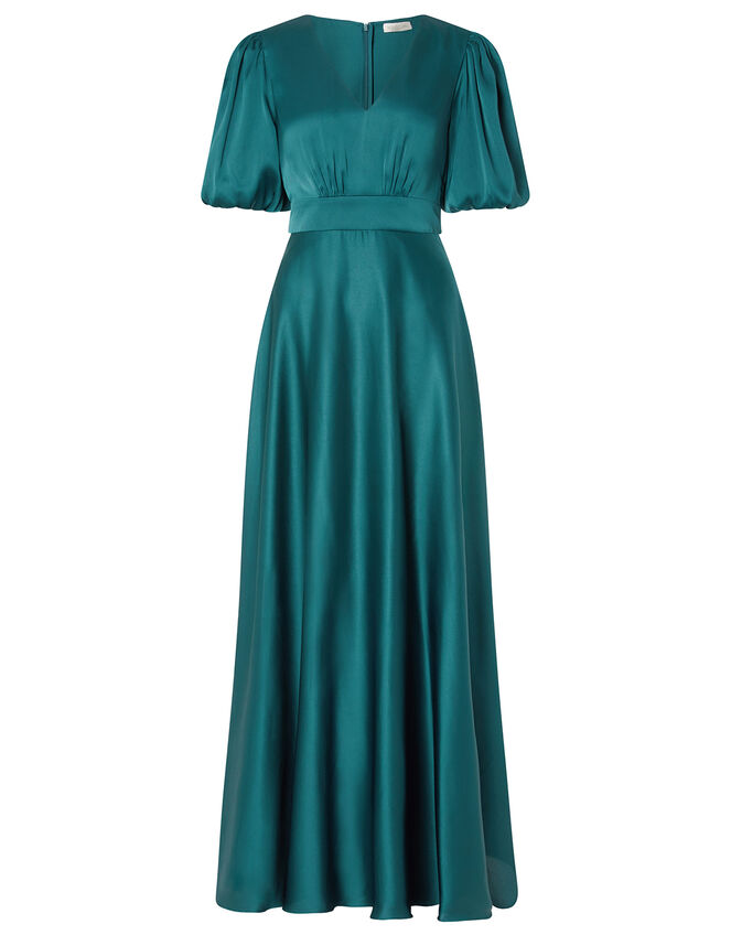 Kristen Puff Sleeve Satin Dress, Teal (TEAL), large