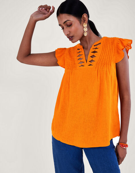 Flutter Sleeve Neck Detail Top in Linen Blend, Orange (ORANGE), large