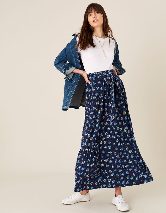 Floss Printed Maxi Skirt with Organic Cotton, Blue (NAVY), large