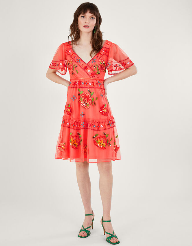 Ana Embroidered Tiered Dress in Recycled Polyester Orange Evening Dresses Monsoon Global.