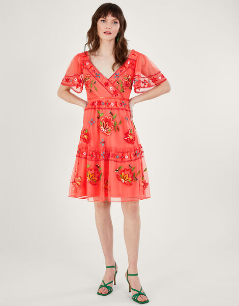 Ana Embroidered Tiered Dress in Recycled Polyester, Orange (ORANGE), large