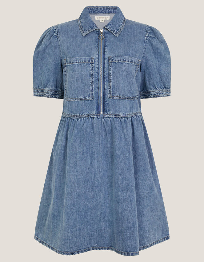 Adeena Zip Denim Mini Dress, Blue (DENIM BLUE), large