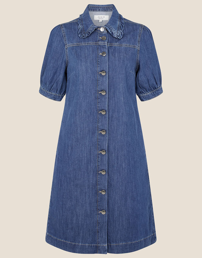 Ruffle Collar Denim Dress, Blue (DENIM BLUE), large