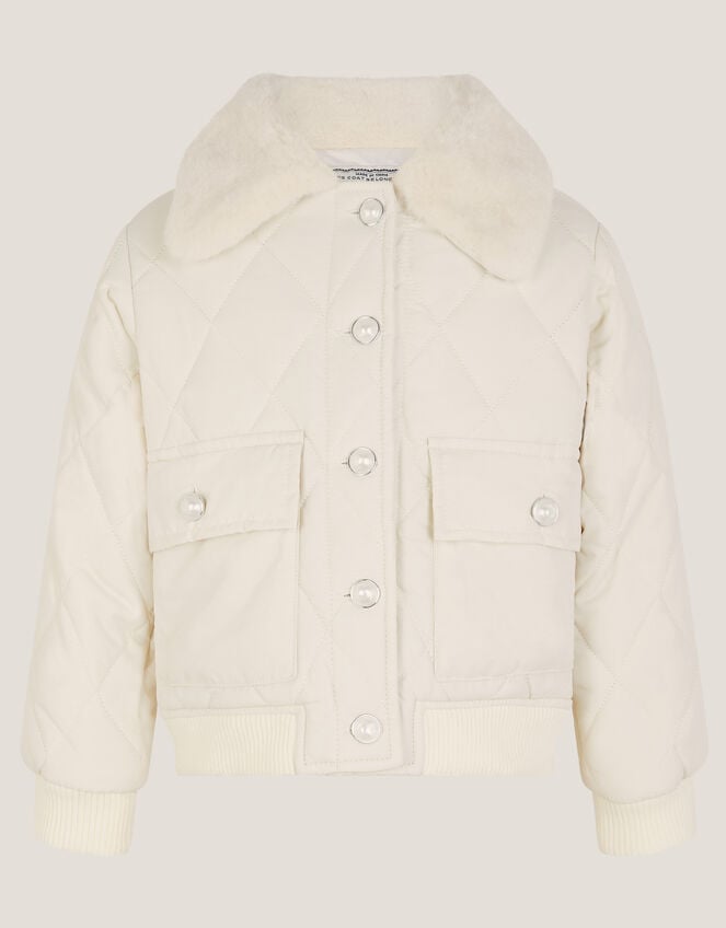Faux Fur Collar Quilted Bomber Jacket, Cream (CREAM), large