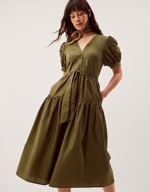 Fawn Appliqu&eacute; Puff Sleeve Midi Dress, Green (KHAKI), large