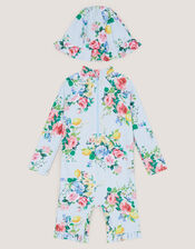 Baby Floral Stripe UPF50+ Swimsuit & Sun Hat, Blue (BLUE), large