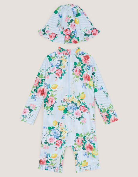 Baby Floral Stripe UPF50+ Swimsuit & Sun Hat, Blue (BLUE), large