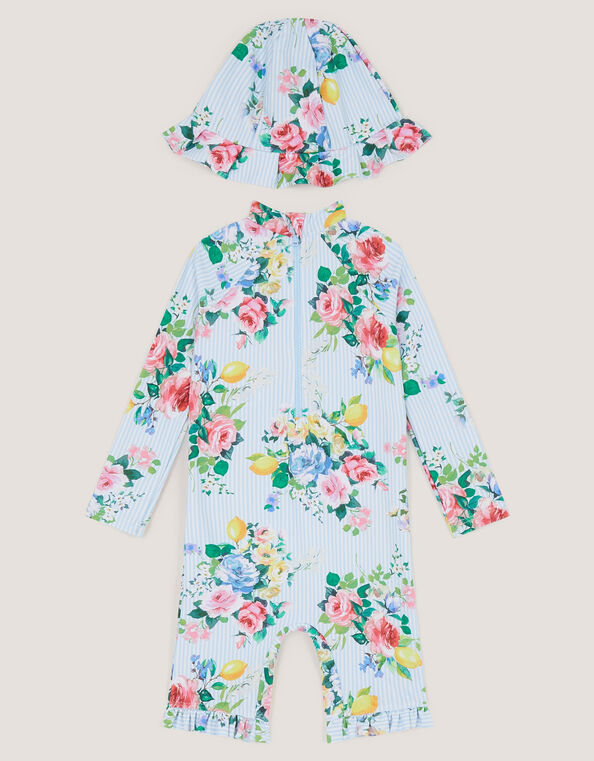 Baby Floral Stripe UPF50+ Swimsuit & Sun Hat, Blue (BLUE), large