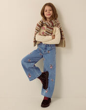 Floral Embroidered Wide Leg Jeans, Blue (BLUE), large