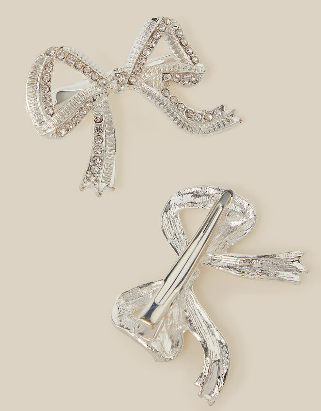 2-Pack Embellished Bow Hair Clips, Silver (SILVER), large