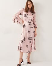 Pelia Floral Satin Ruffle Midi Dress, Pink (PINK), large