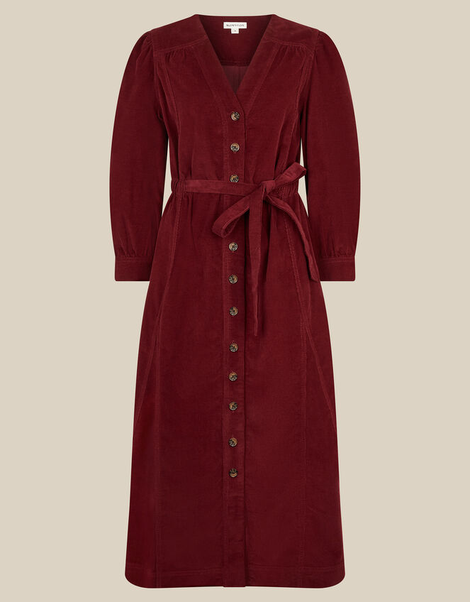 Allison V-Neck Belted Corduroy Midi Dress, Red (BERRY), large