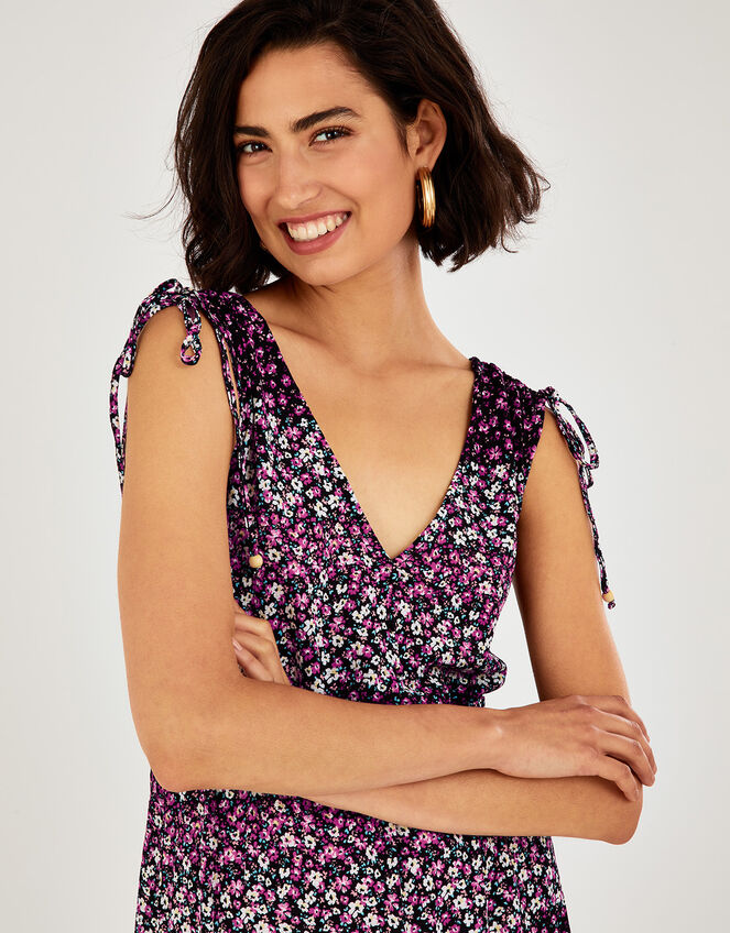 Ditsy Panel Sleeveless Midi Dress with Recycled Polyester , Black (BLACK), large