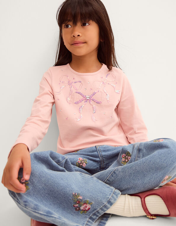 Sequin Bow Long Sleeve Top, Pink (PINK), large