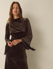Tegan Long Sleeve Fringe Velvet Maxi Dress, Brown (CHOCOLATE), large