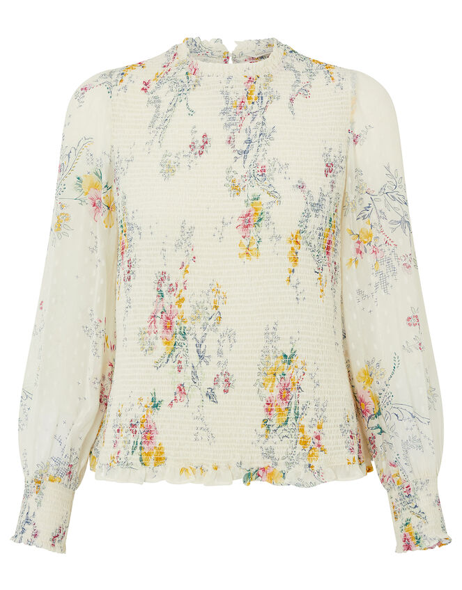 Blossom Print Shirred Blouse, Ivory (IVORY), large