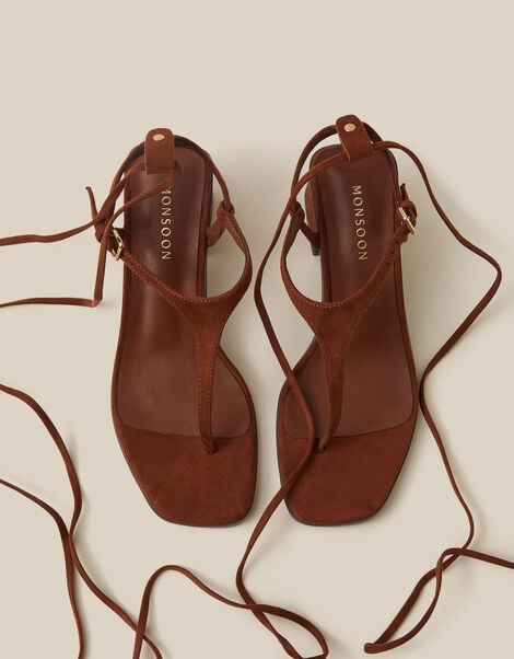 Hatty Toe Post Tie Strap Heels, Brown (CHOCOLATE), large