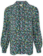 Ditsy Floral Print Collar Top, Blue (NAVY), large
